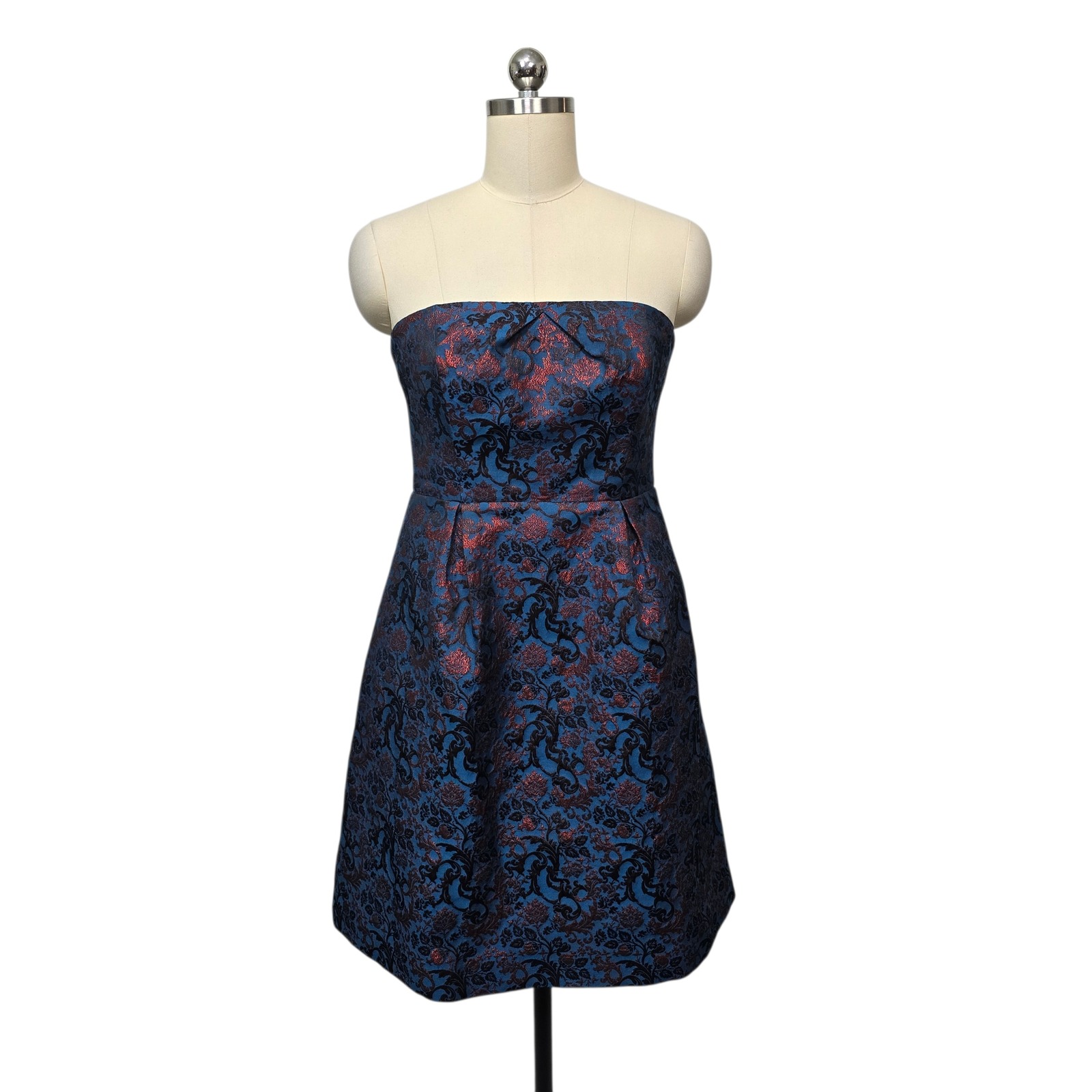 Anthropologie Leifnotes Womens Size 8 Blue Red Brocade Strapless Fit Flare Dress